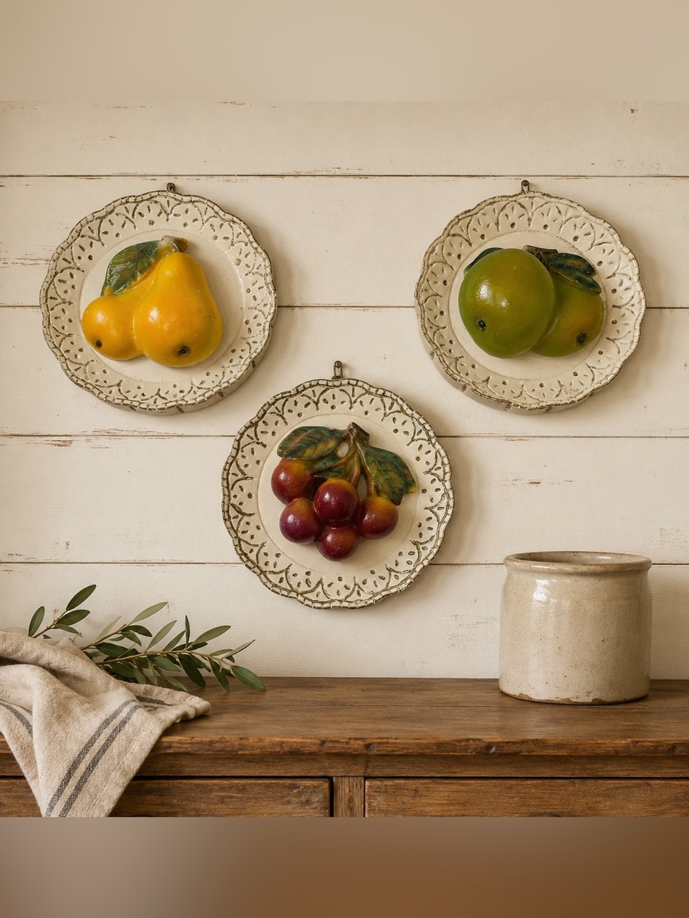 Vintage Chalkware Fruit Wall Plaques Set of 3 Pears Apples Cherries Kitchen Déco